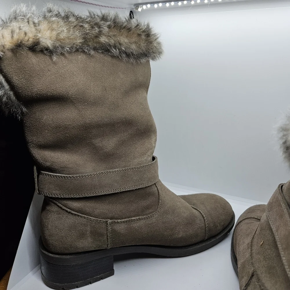 Cougar tan taupe suede faux fur lined foldover Franca boots side buckle detail 9